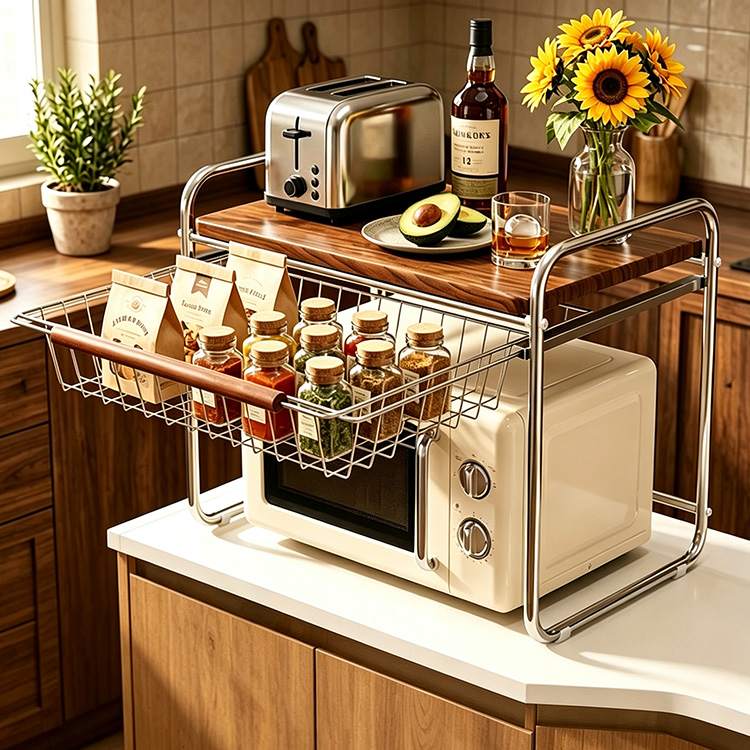 Sing Ndadekake Rak Microwave Countertop karo Laci Geser-Metu minangka Panyimpen Pawon Pinter Penting