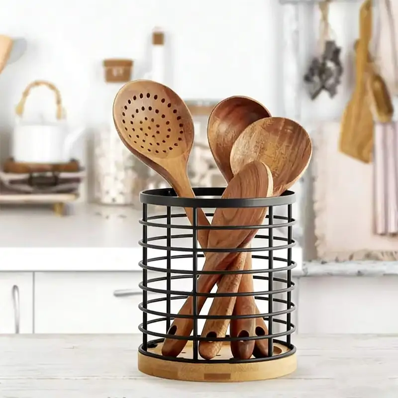 Metal Wire Utensil Holder karo Base Kayu Metal Wire Utensil Holder karo Base Kayu