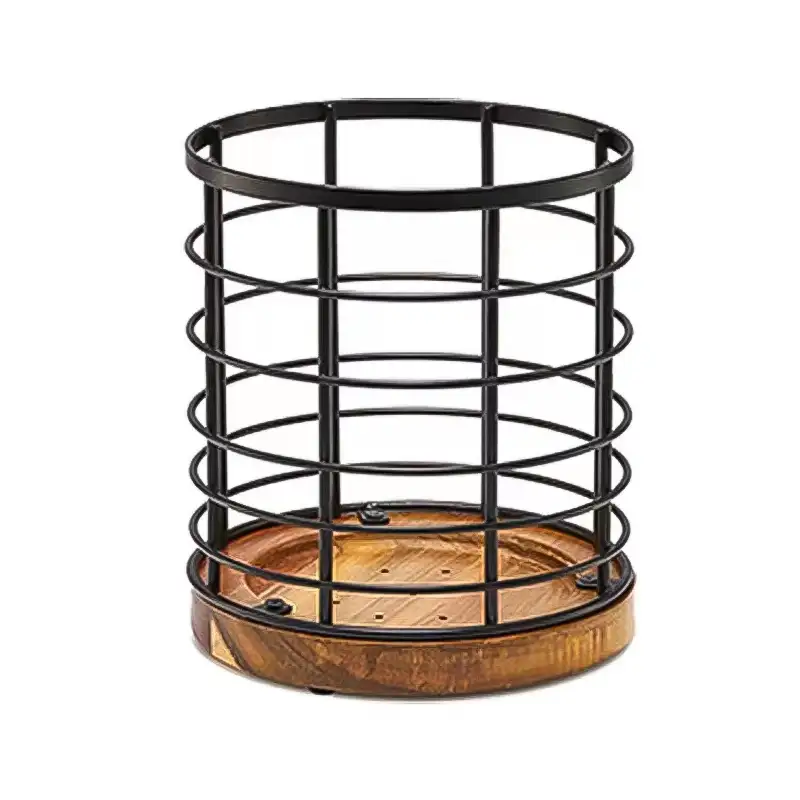 Metal Wire Utensil Holder karo Base Kayu