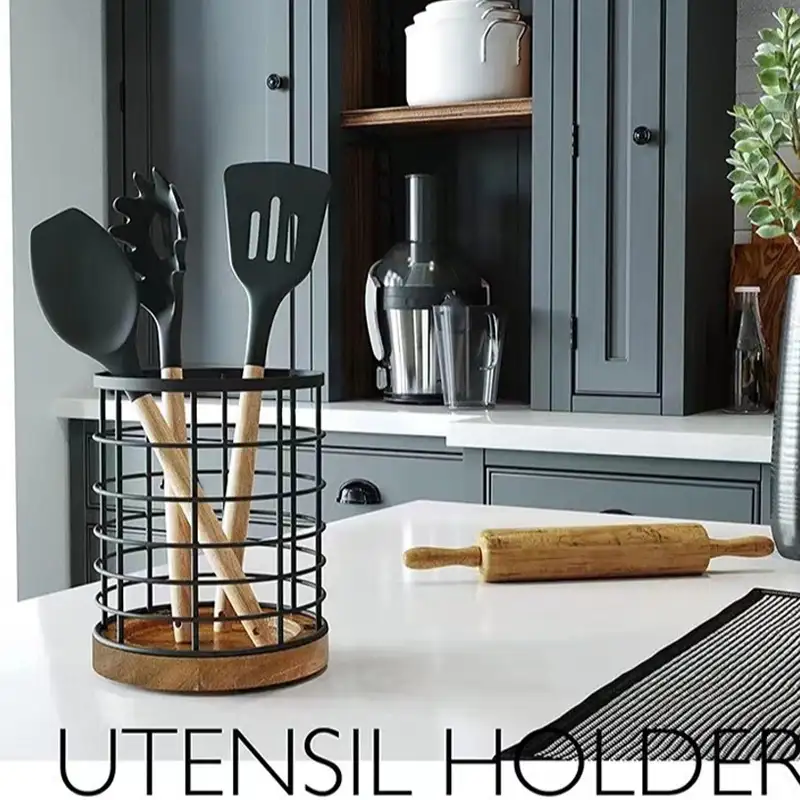 Metal Wire Utensil Holder karo Base Kayu